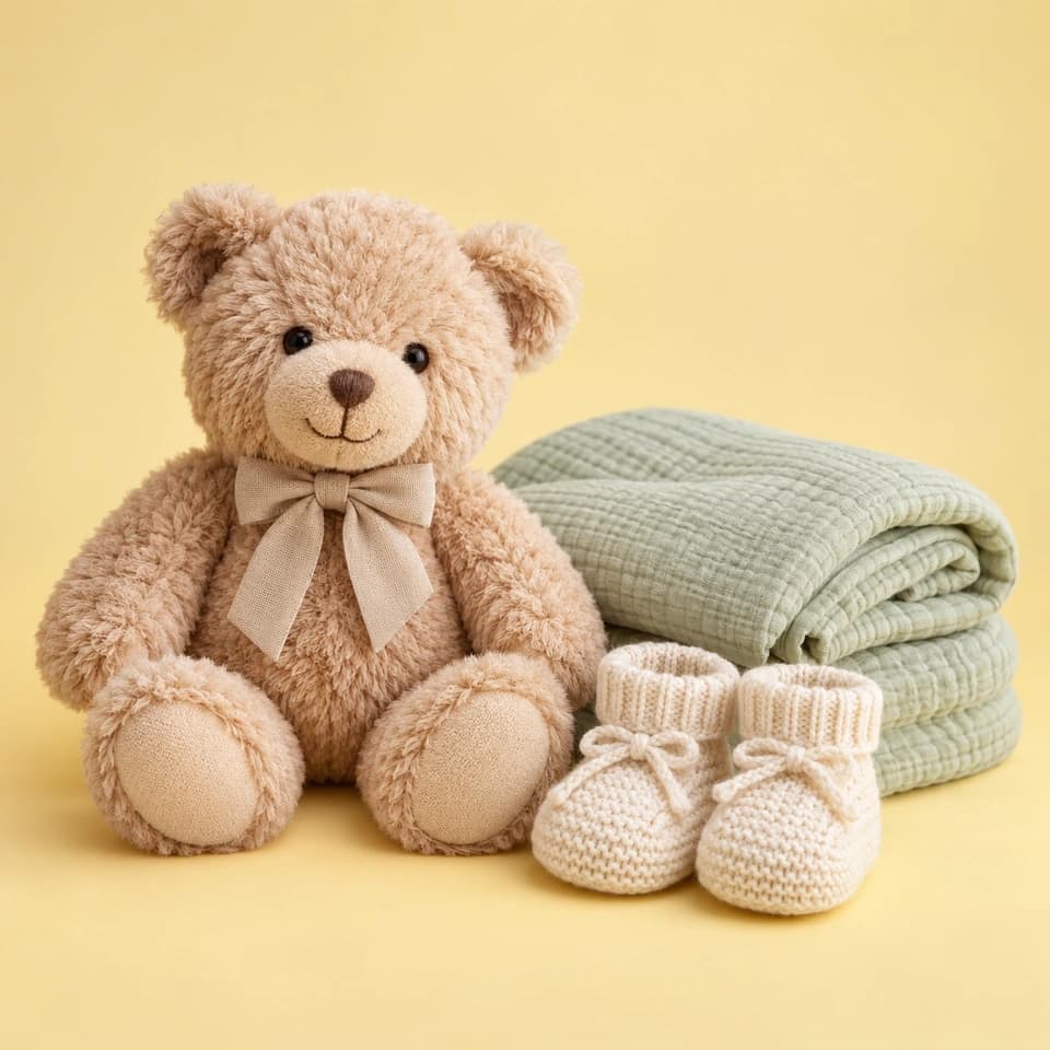 A teddy bear, knitted baby booties and a folded sage blanket