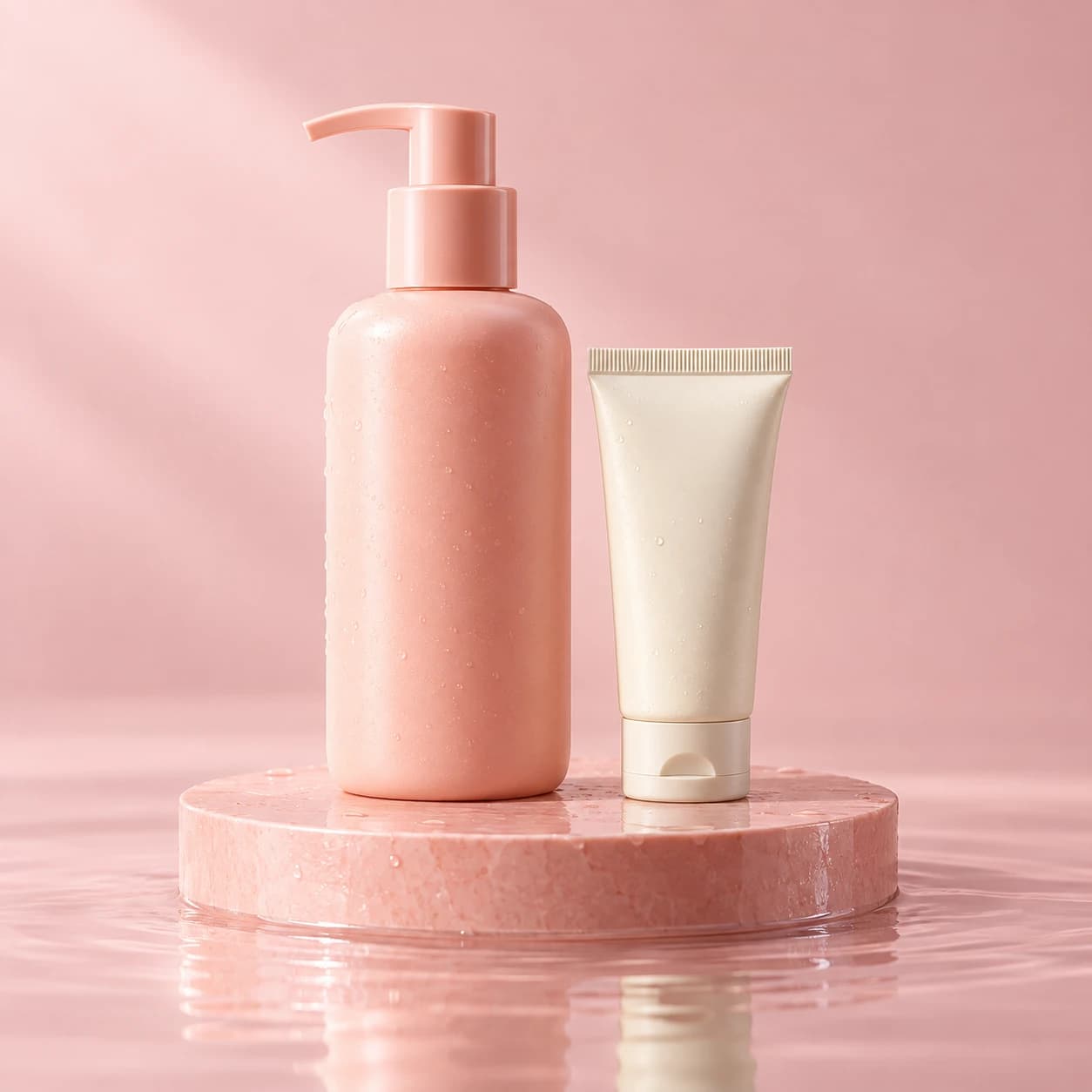 Coral and cream skincare bottles