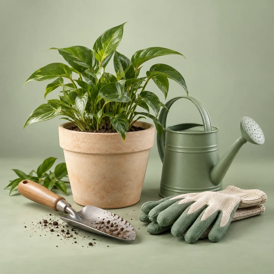 A leafy plant, watering can, trowel and gardening gloves