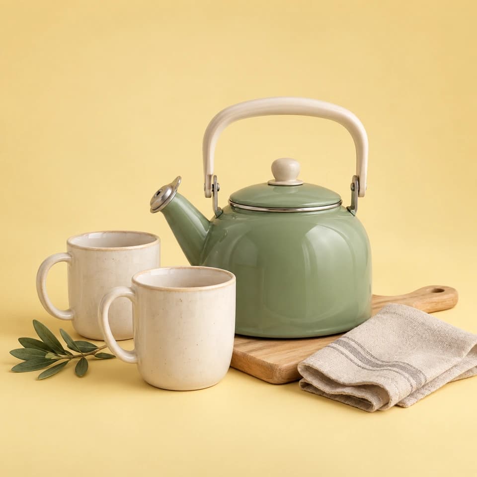 A sage kettle, ceramic mugs, chopping board and linen napkin