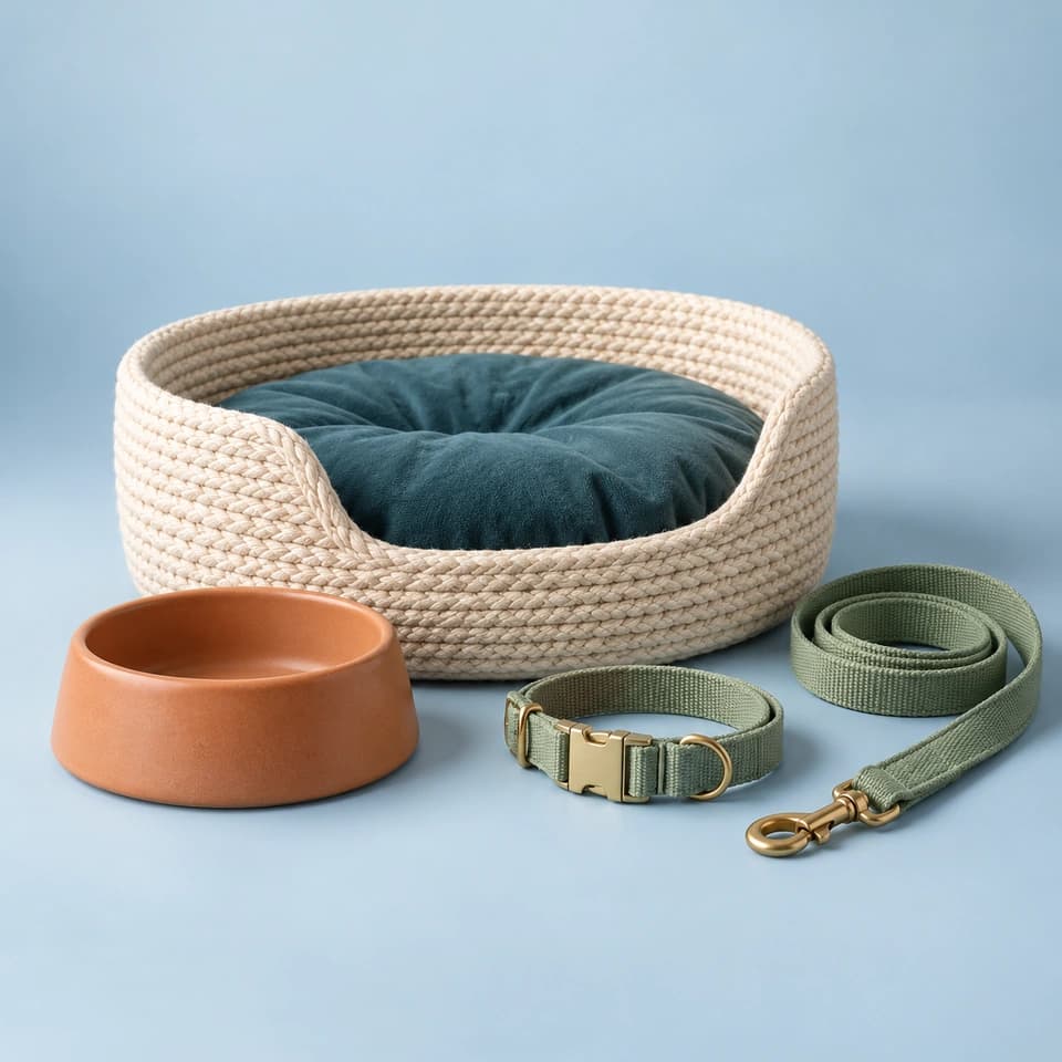 A woven pet bed, ceramic bowl, collar and leash