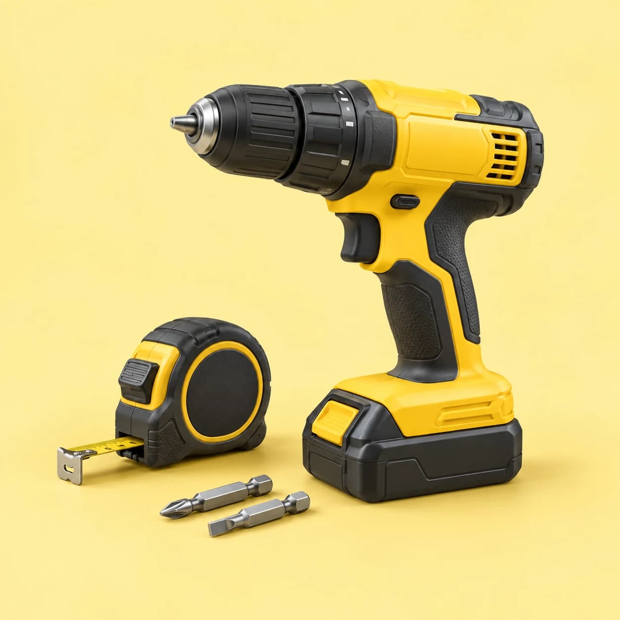 A yellow drill and tape measure