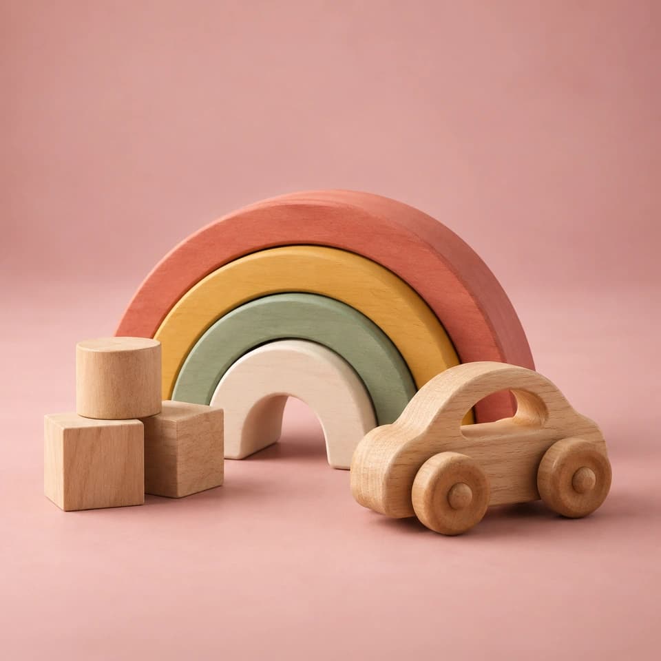 A wooden stacking rainbow, toy car and building blocks